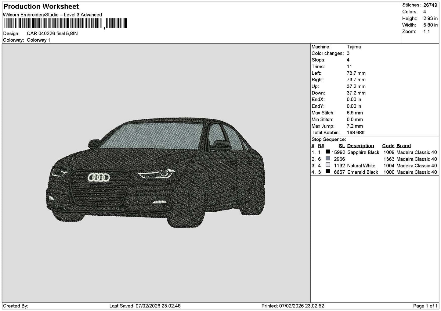 Car 0402 Embroidery File 6 sizes