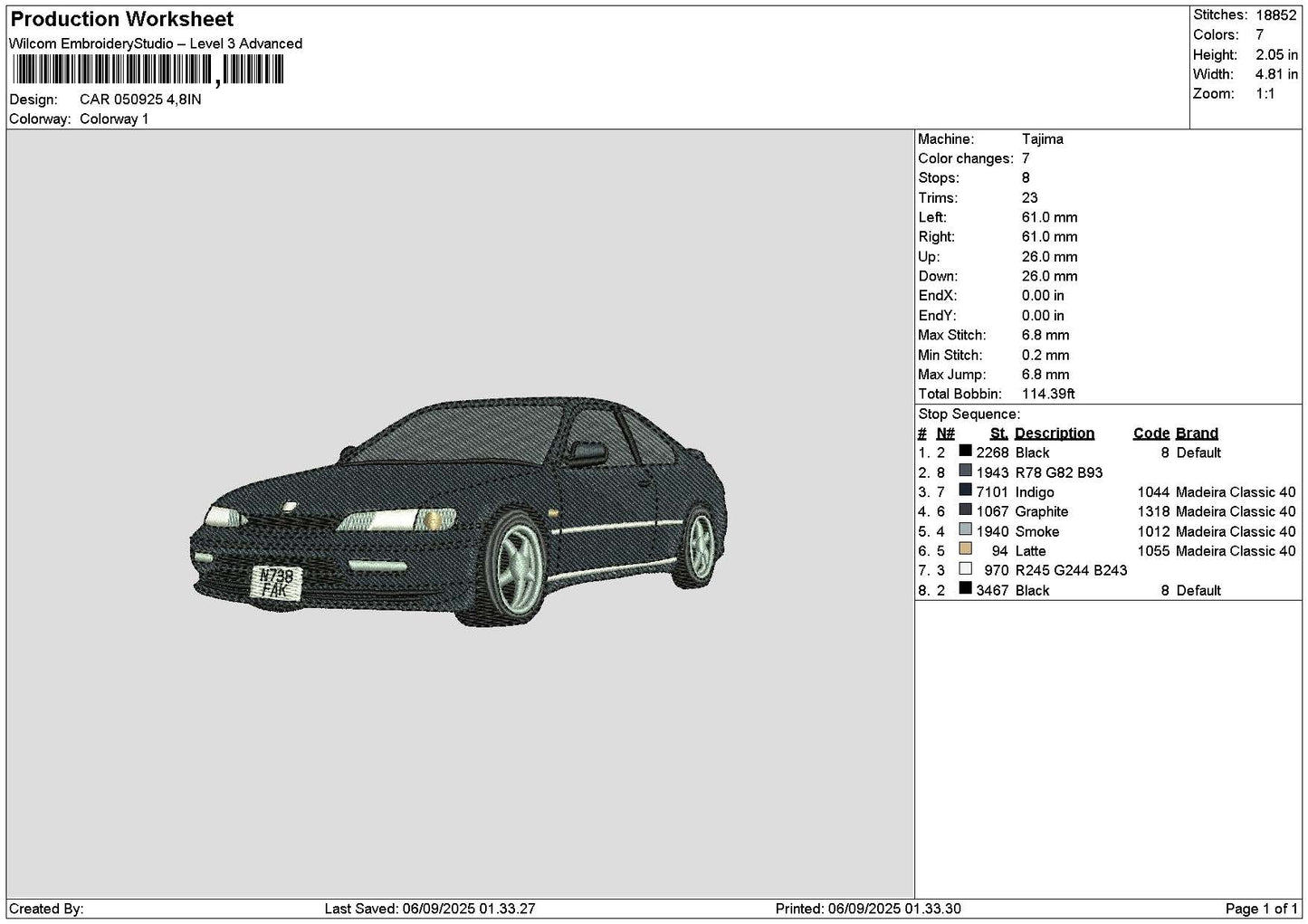 Car 0509 Embroidery File 6 sizes