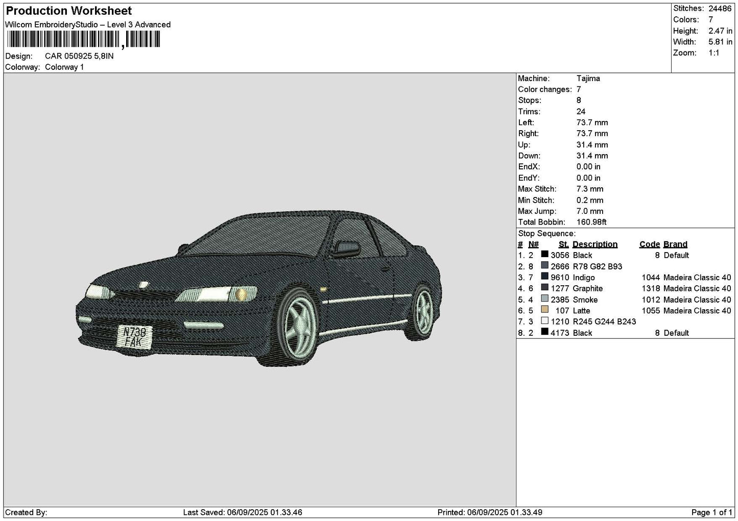 Car 0509 Embroidery File 6 sizes