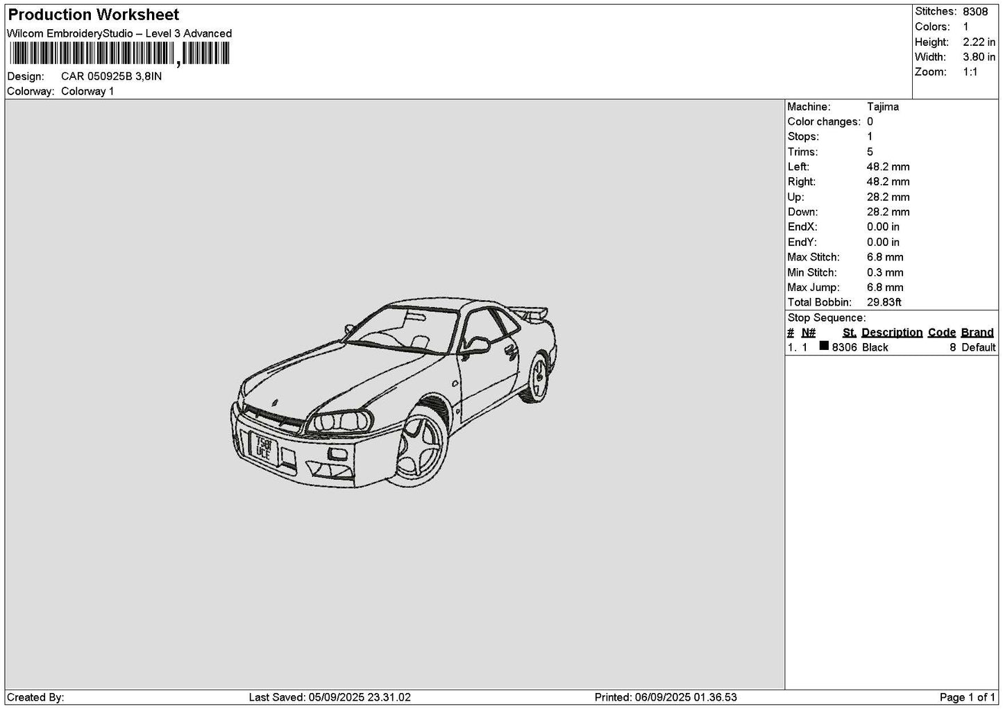 Car 0509b Embroidery File 6 sizes