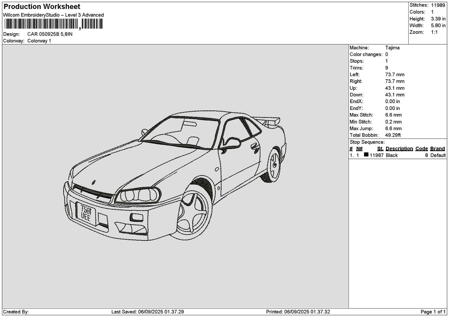 Car 0509b Embroidery File 6 sizes