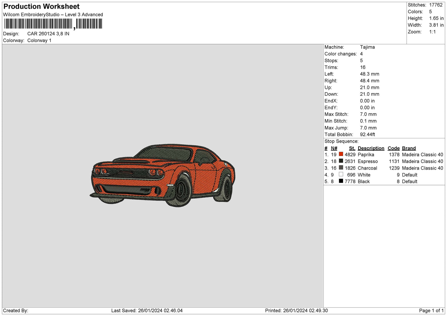 Car Red 2601 Embroidery File 6 sizes