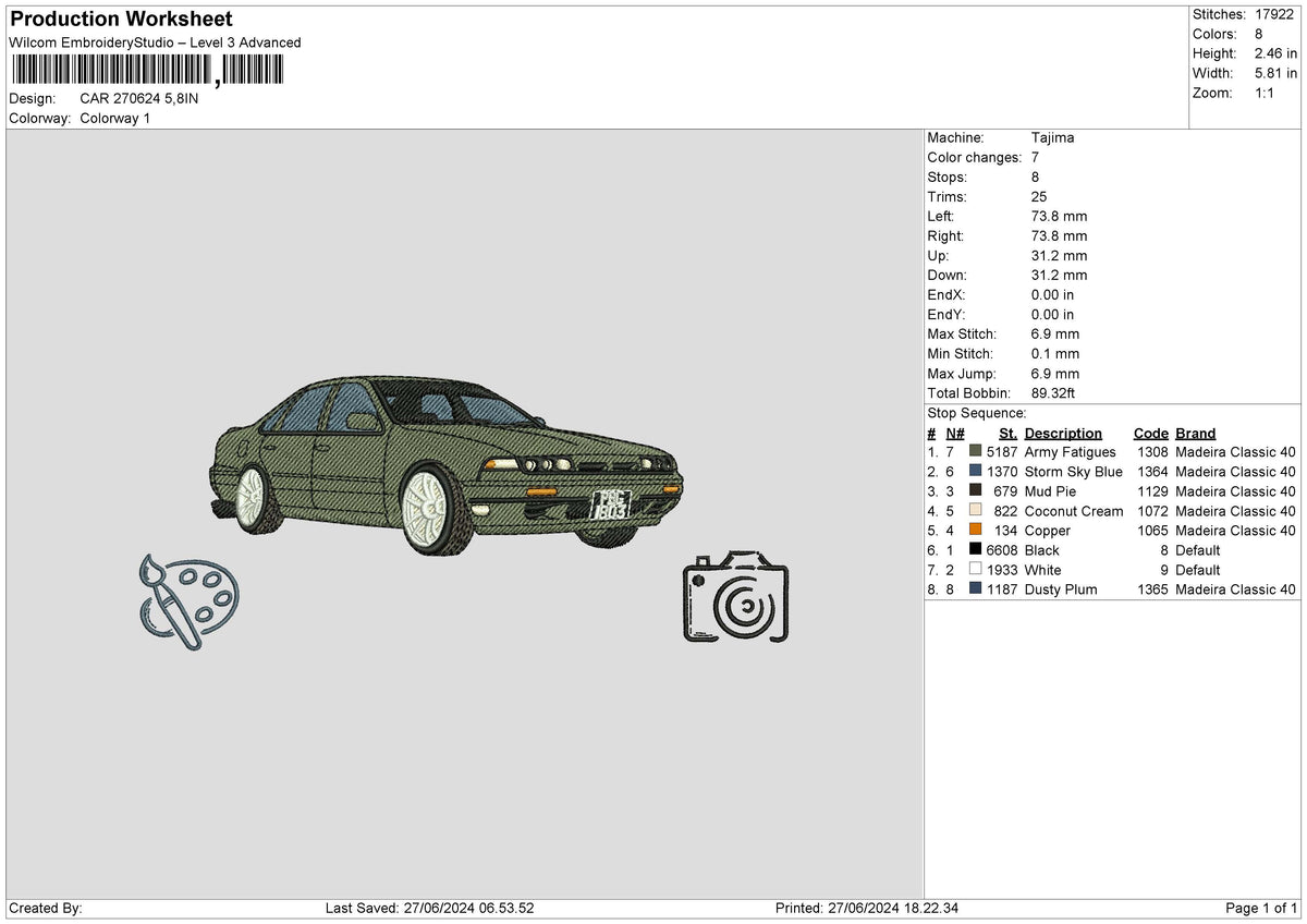 Car 2706 Embroidery File 6 sizes