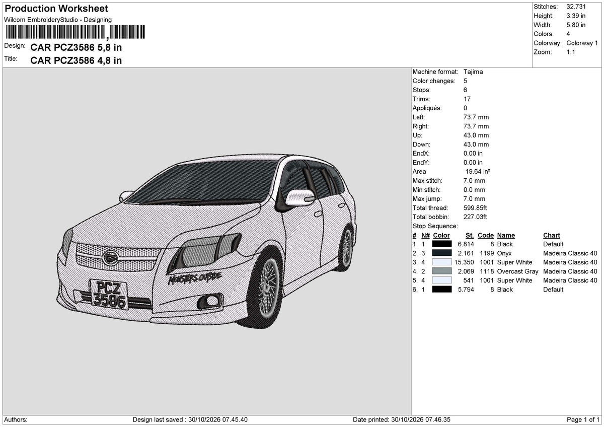 CAR PCZ3586  Embroidery Machine Design File 6 sizes