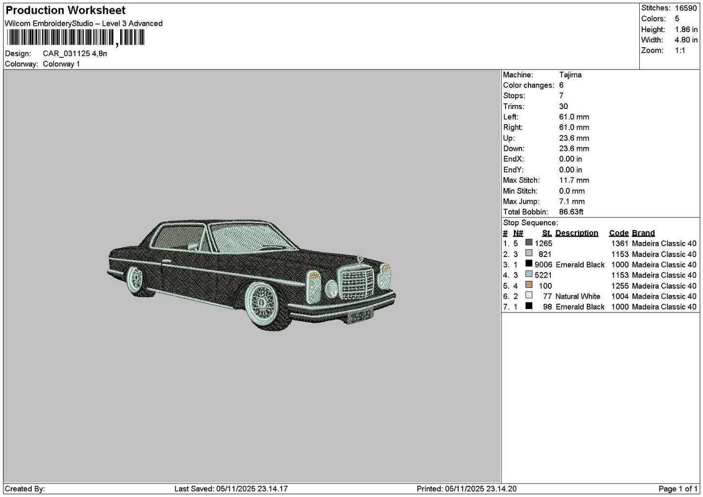 Car 0311 Embroidery File 6 sizes