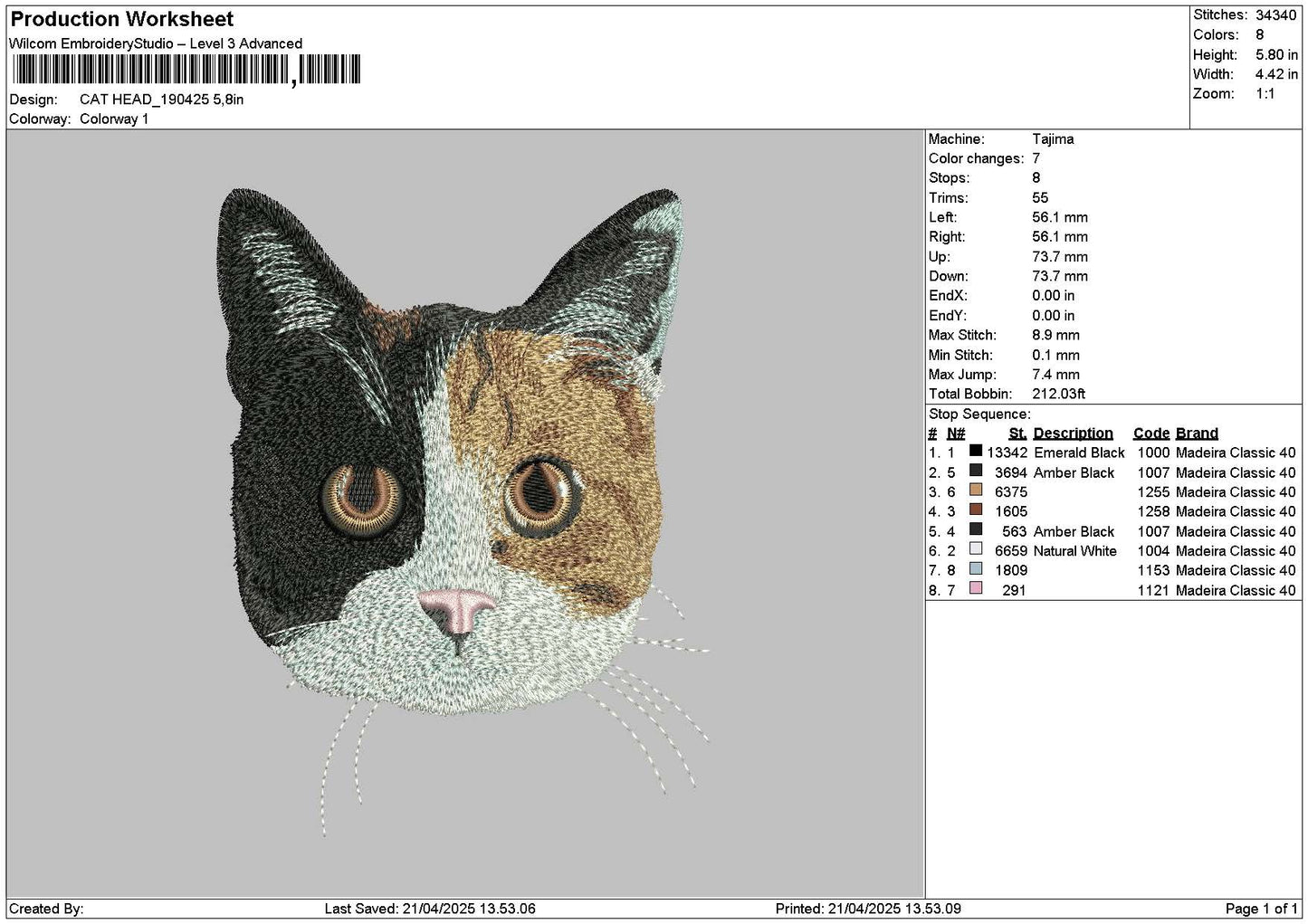 Cat Head 1904 Embroidery File 6 sizes
