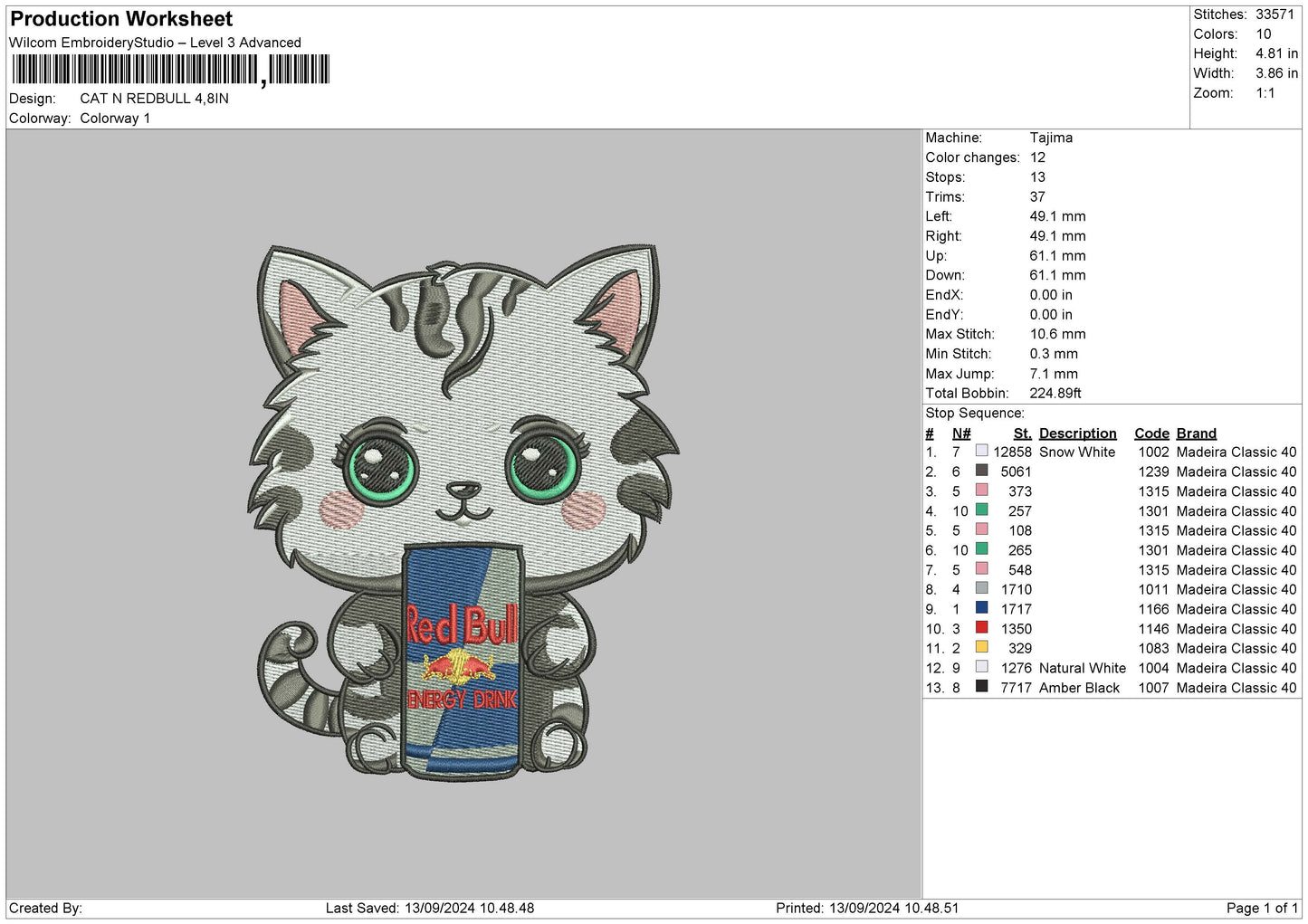 Cat Redbull Embroidery File 6 sizes
