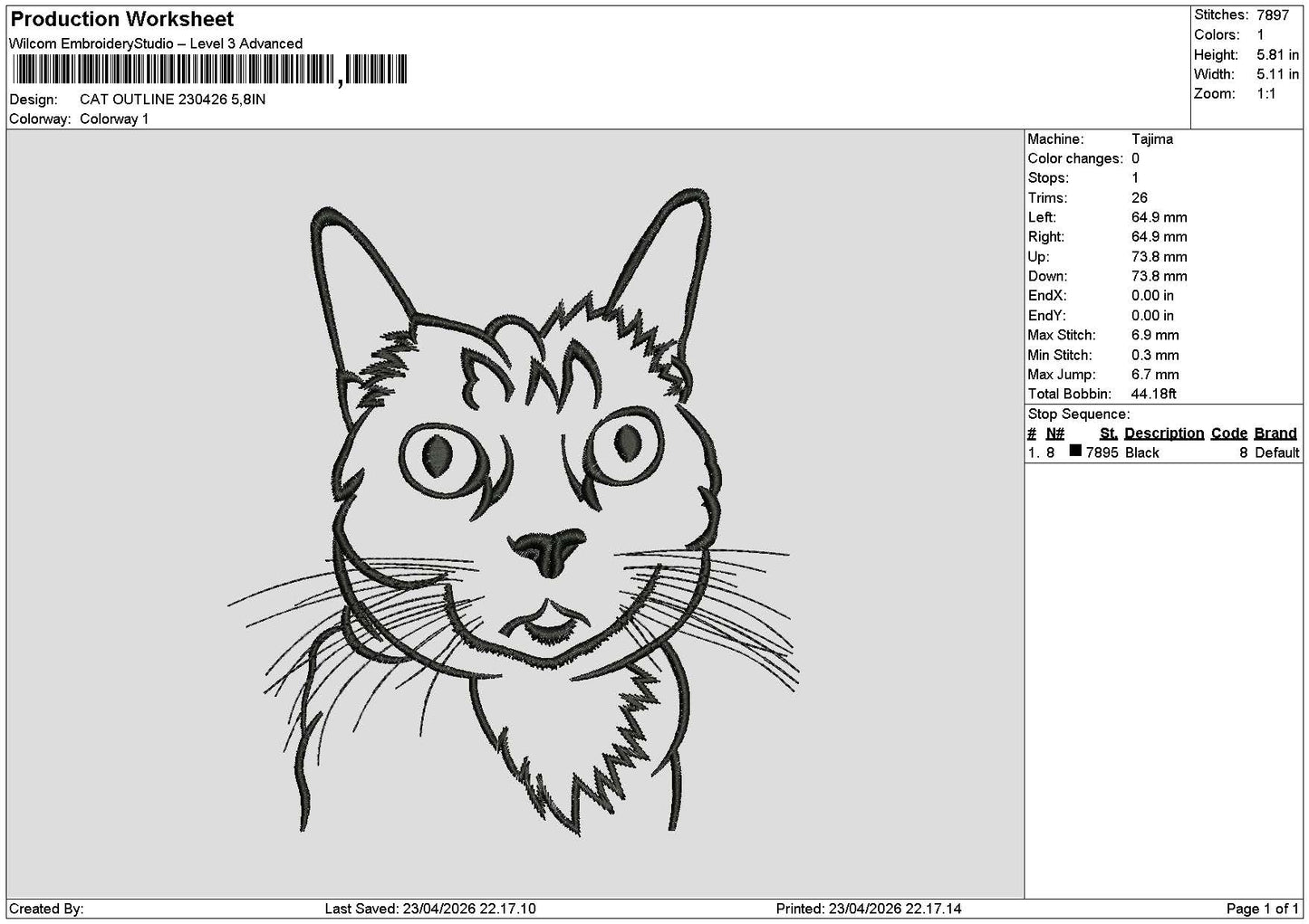 Cat Outline 2304 Embroidery File 6 sizes