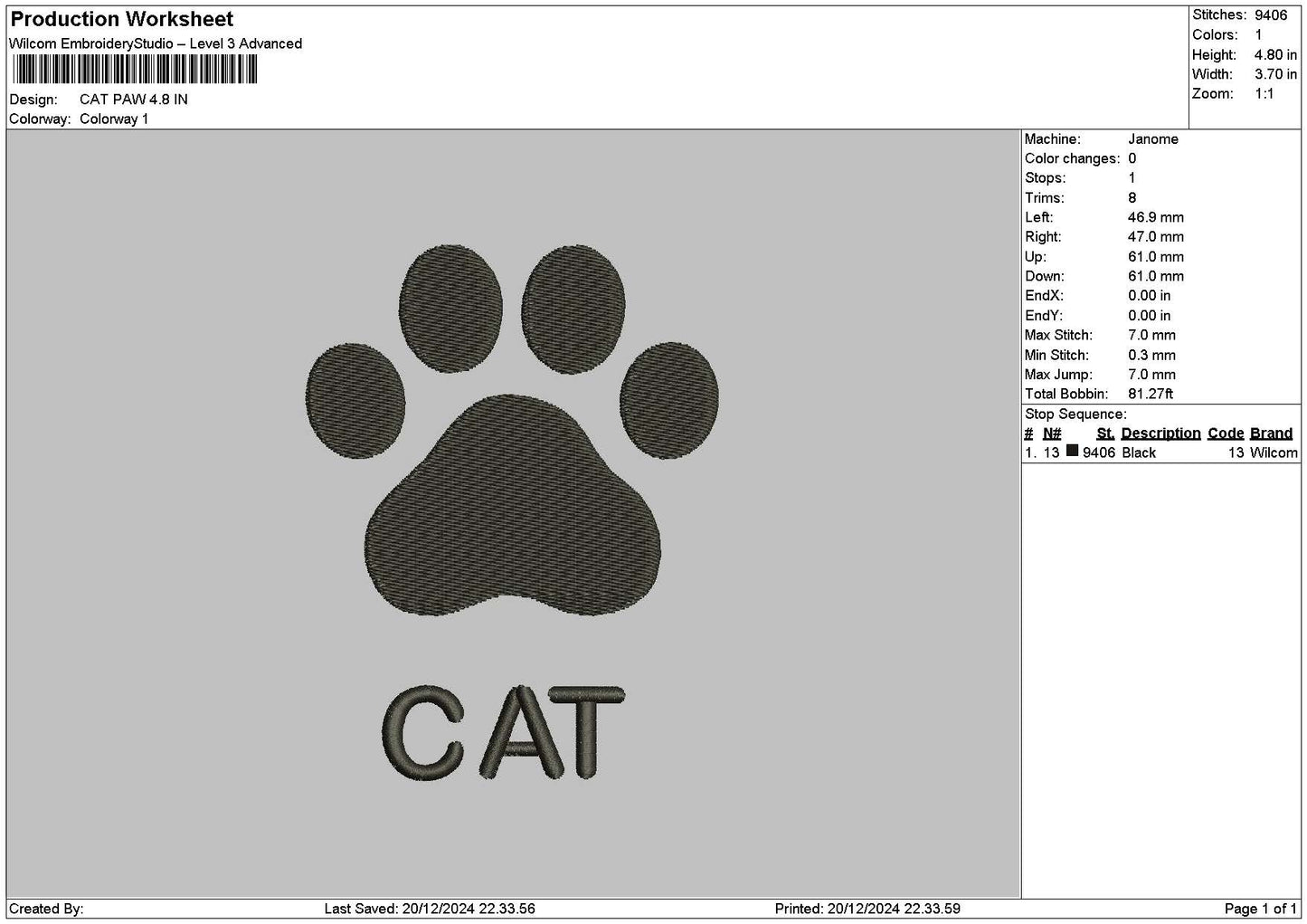 Cat Paw 03 Embroidery File 6 sizes