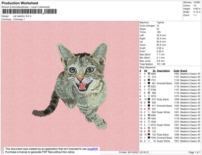Cat Realistic Embroidery File 4 size