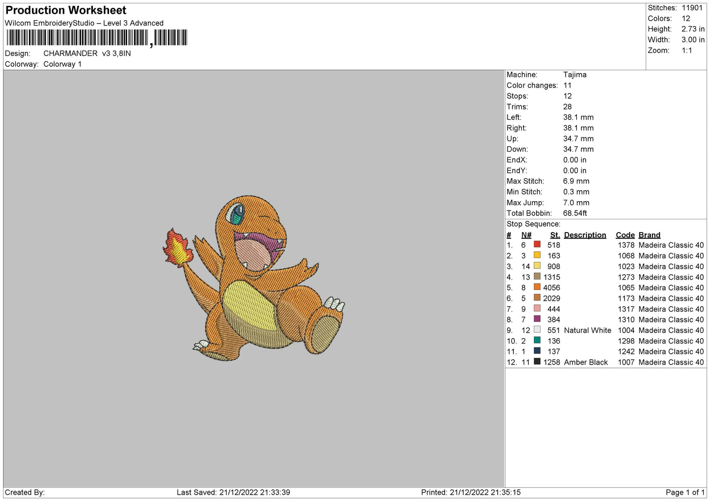 Charmander V03 Embroidery FIle 6 sizes