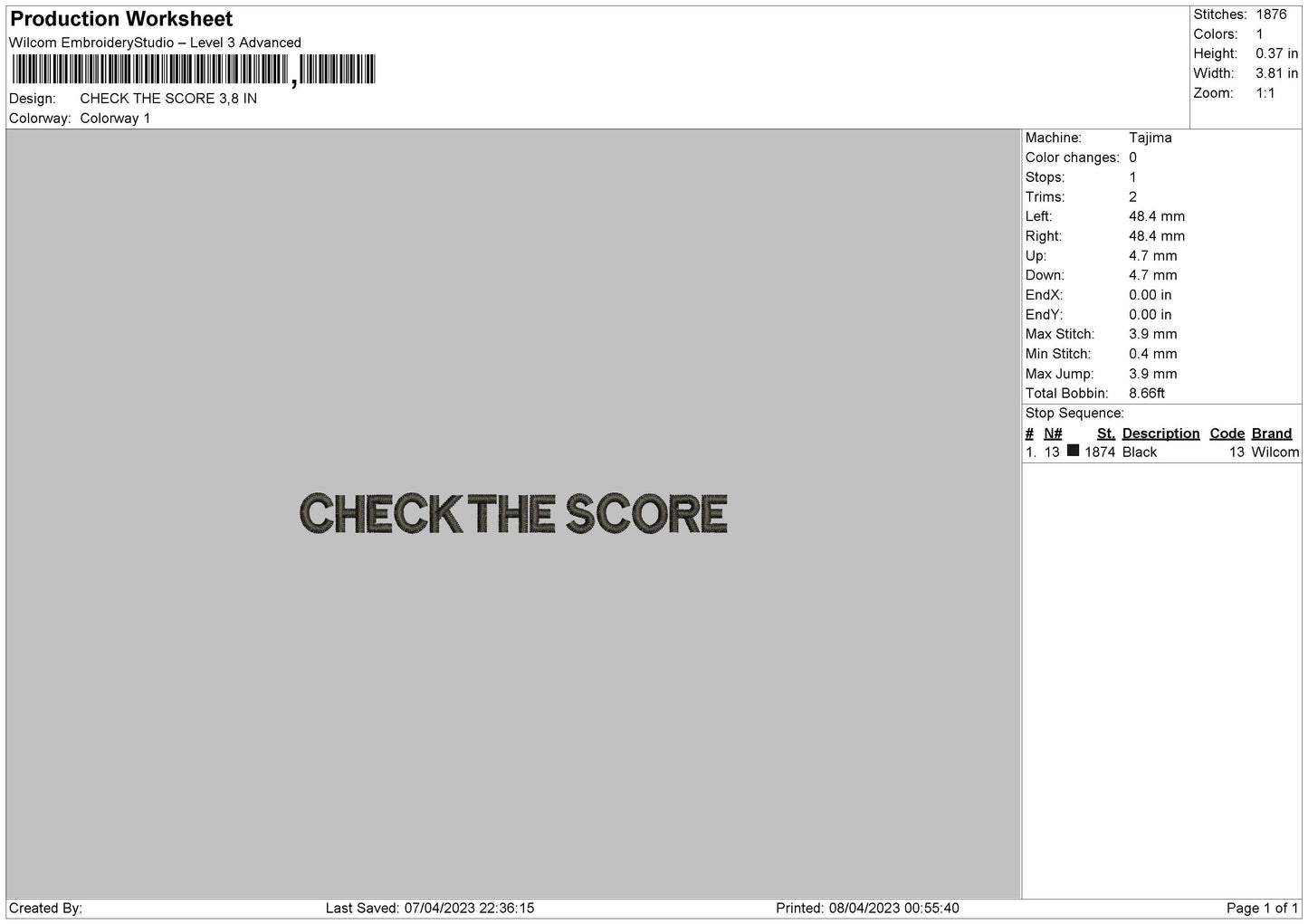 Check The Score Embroidery File 6 sizes