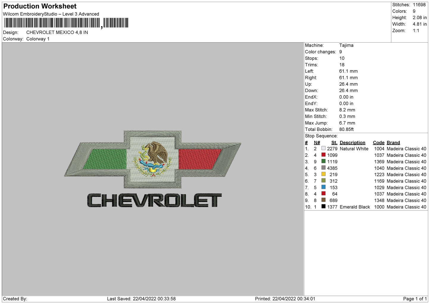 Chevrolet Mexico Embroidery File 4 Sizes