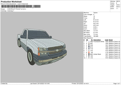 Chevrolet Pickup V2 Embroidery File 6 sizes