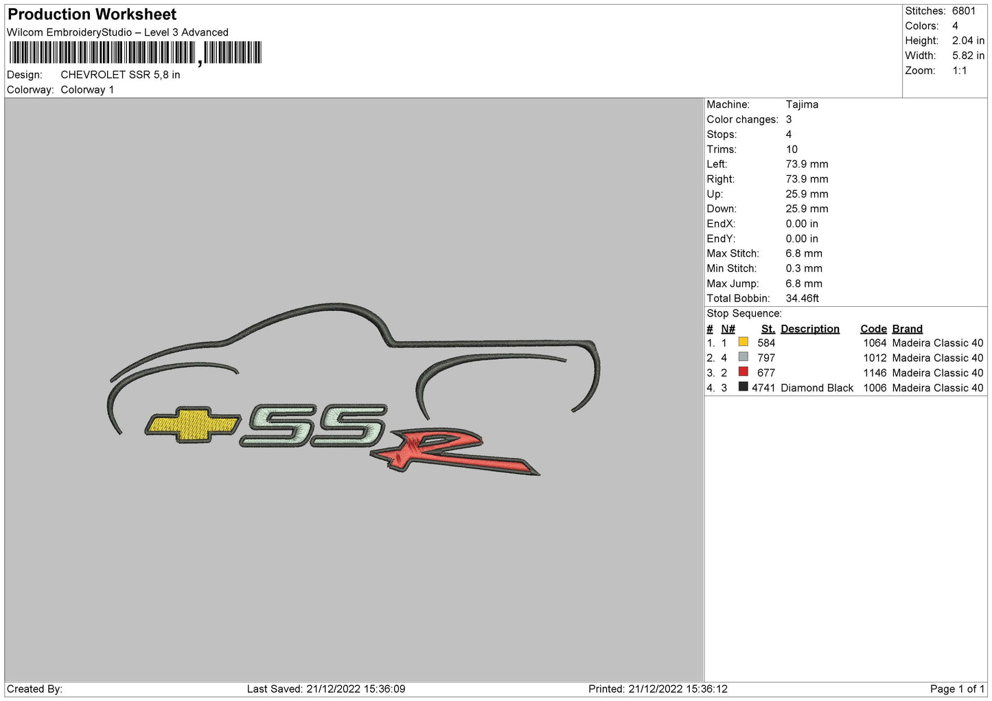 Chevrolet Ssr Emroidery File 6 sizes