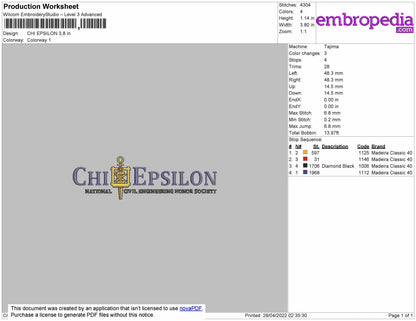 Chi Epsilon Embroidery File 4 size