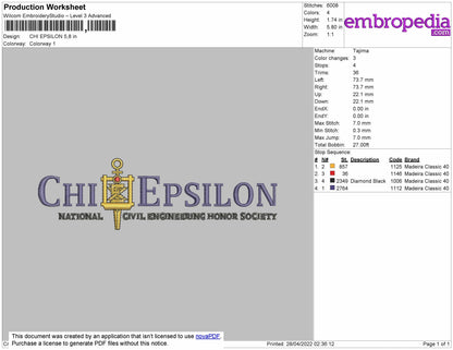 Chi Epsilon Embroidery File 4 size