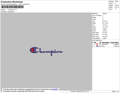 Champi0n Embroidery File 4 size