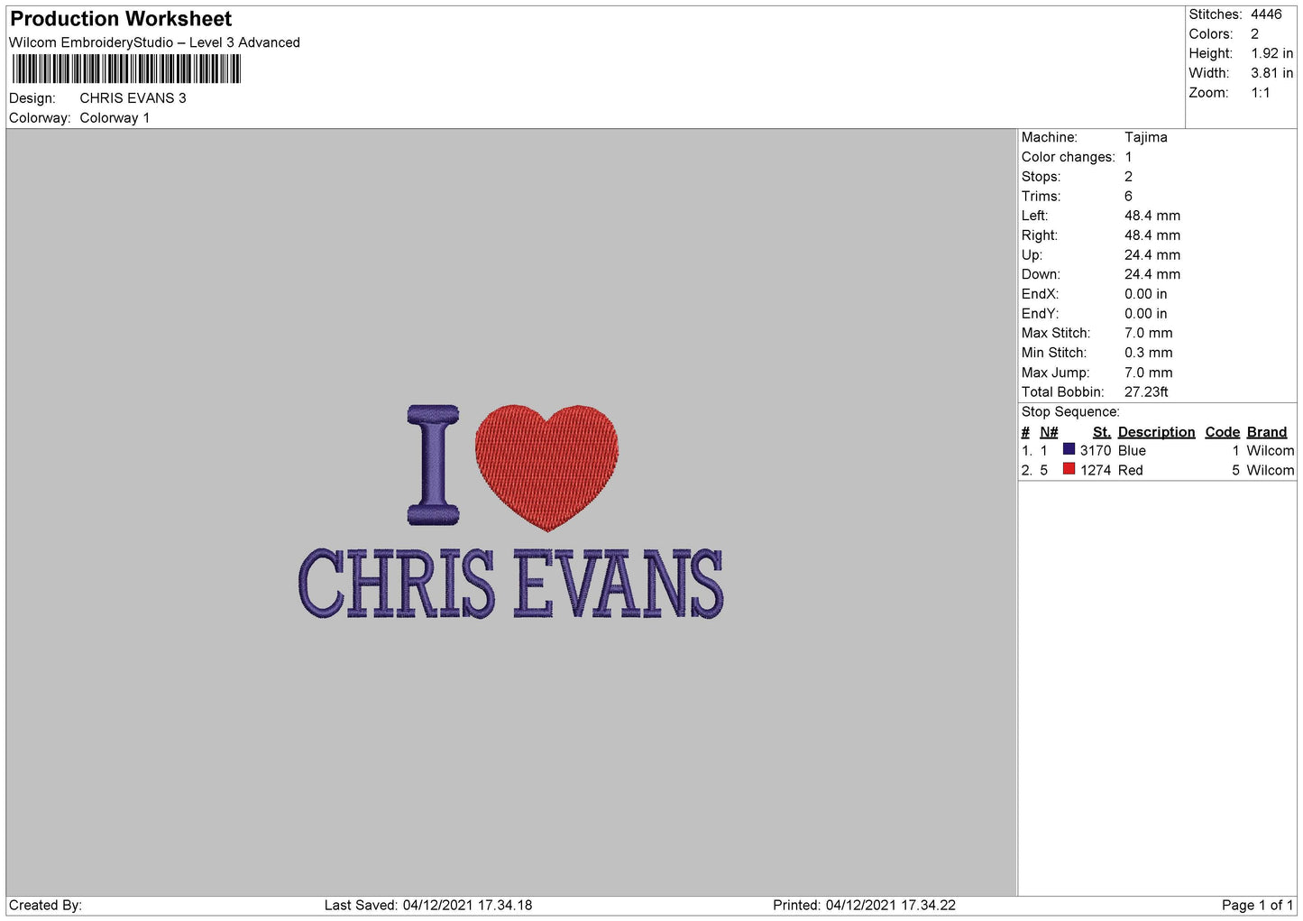 Chris Evans Embroidery File 4 size