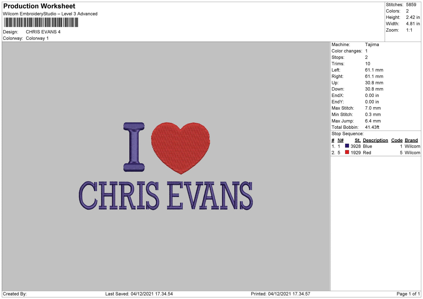 Chris Evans Embroidery File 4 size