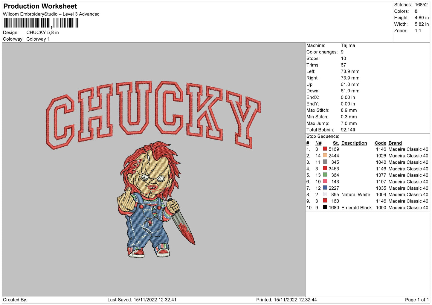 Chucky Embroidery File 6 sizes