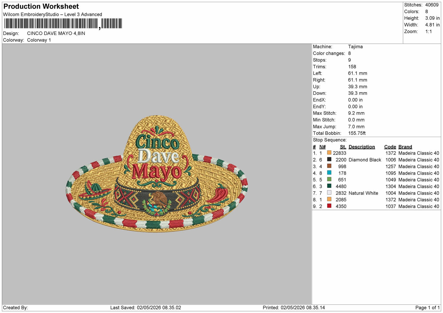 CINCO DAVE MAYO Embroidery File 6 sizes