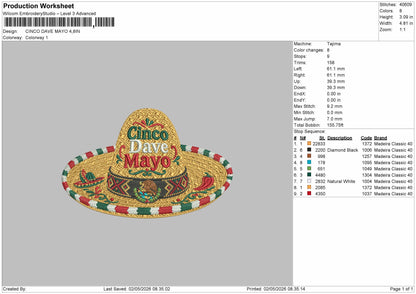 CINCO DAVE MAYO Embroidery File 6 sizes