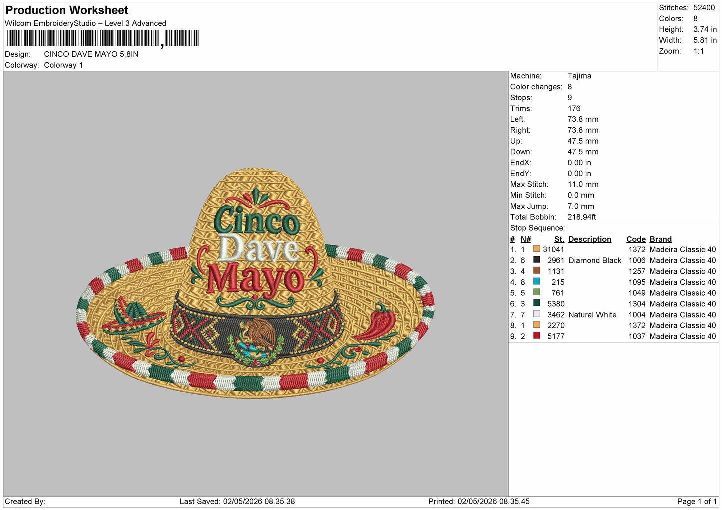 CINCO DAVE MAYO Embroidery File 6 sizes