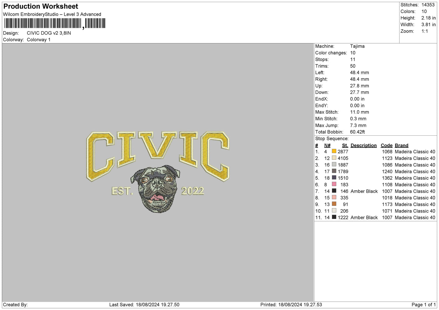 Civic Dog V2 Embroidery File 6 sizes