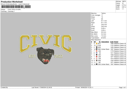 Civic Dog V3 Embroidery File 6 sizes