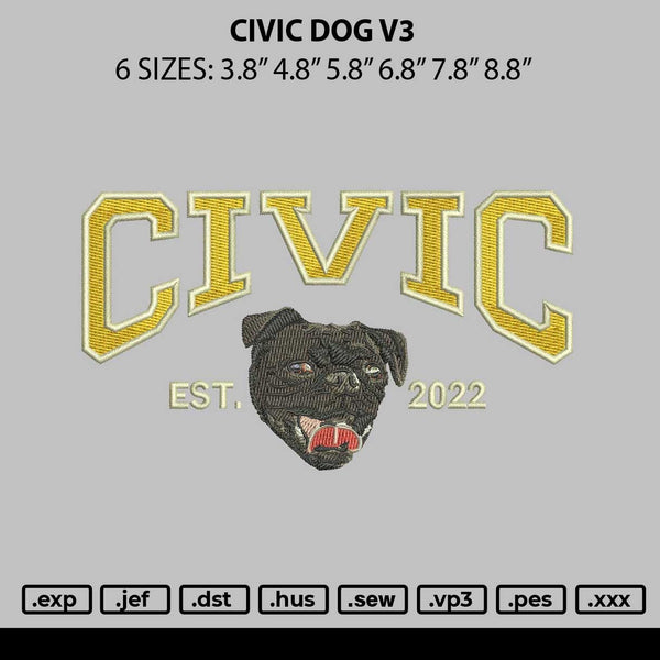 Civic Dog V3 Embroidery File 6 sizes