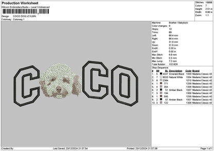 Coco Dog V2 Embroidery File 6 sizes