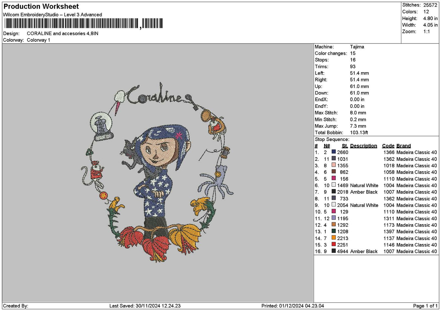 Coraline0112 Embroidery File 6 sizes