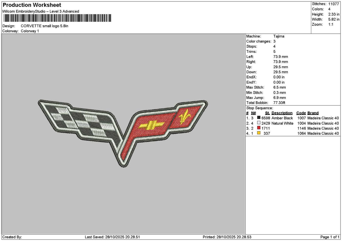 Corvettesmall Embroidery File 6 sizes