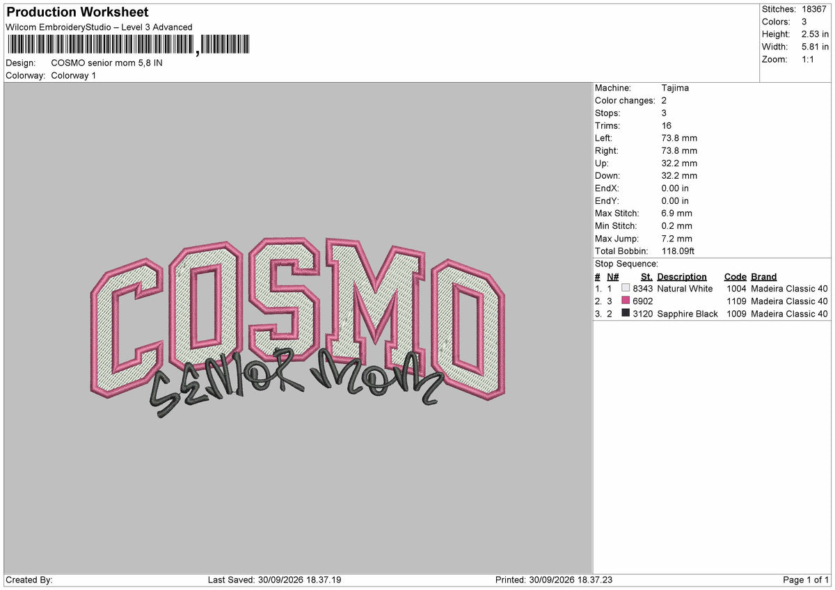 Cosmo Text Embroidery Machine Design File 6 sizes