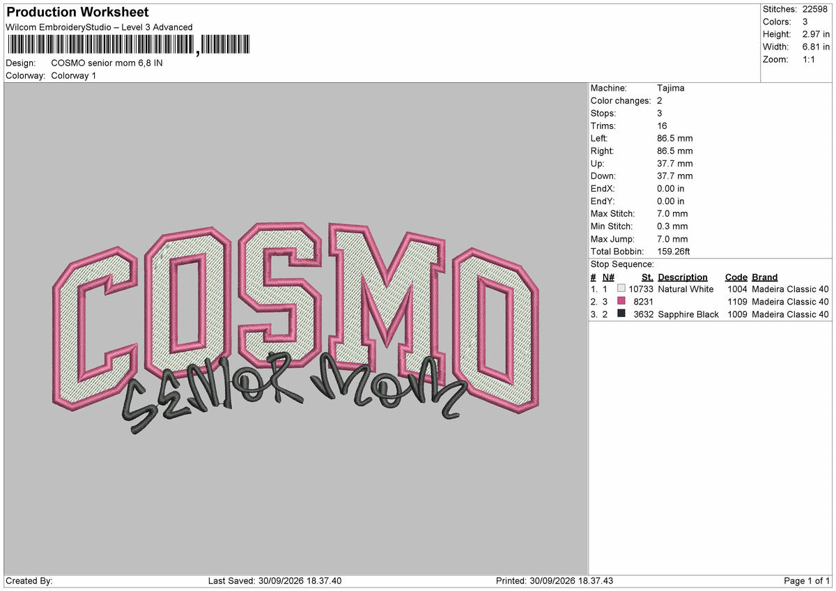 Cosmo Text Embroidery Machine Design File 6 sizes