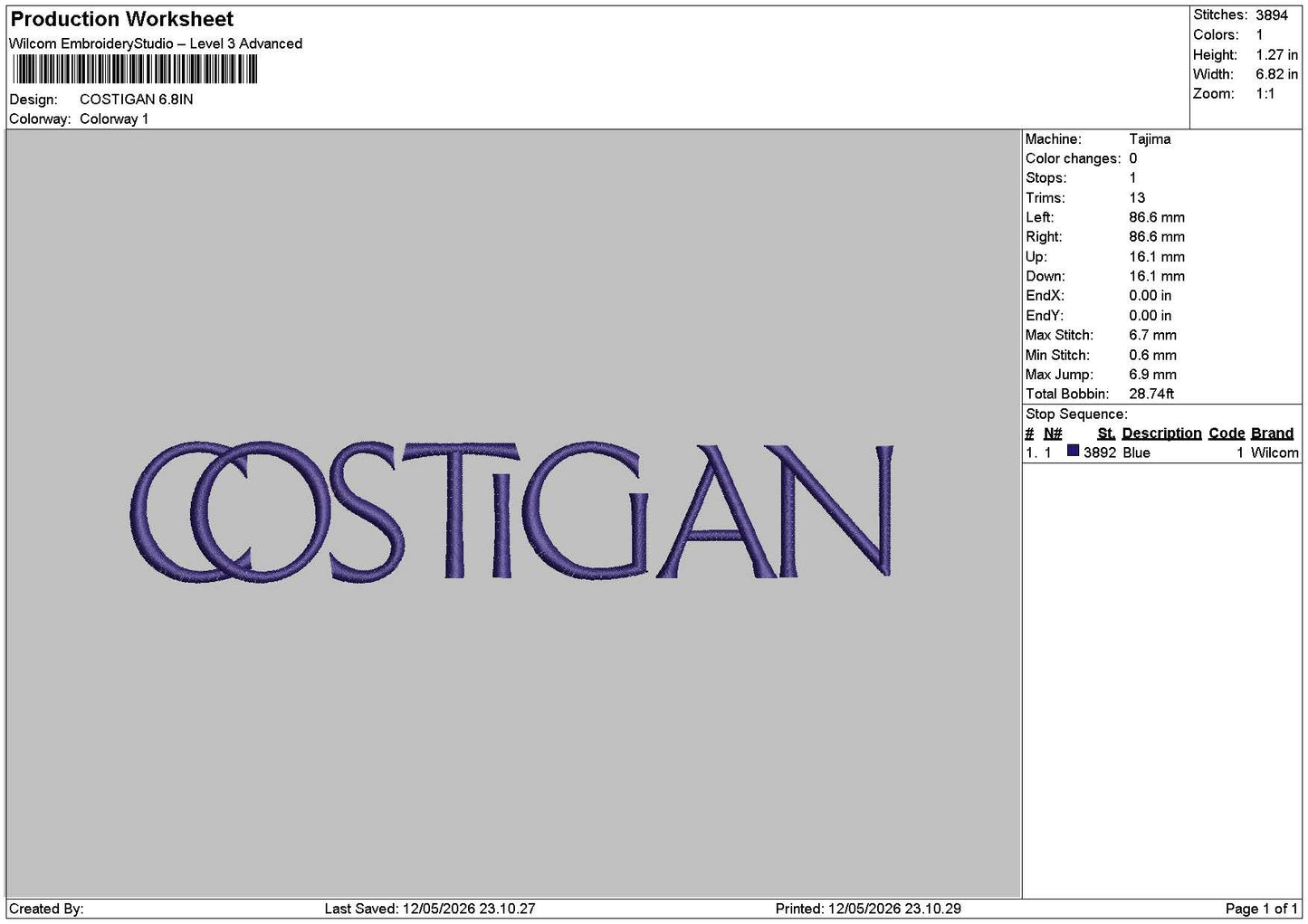 Costigantext Embroidery File 6 sizes