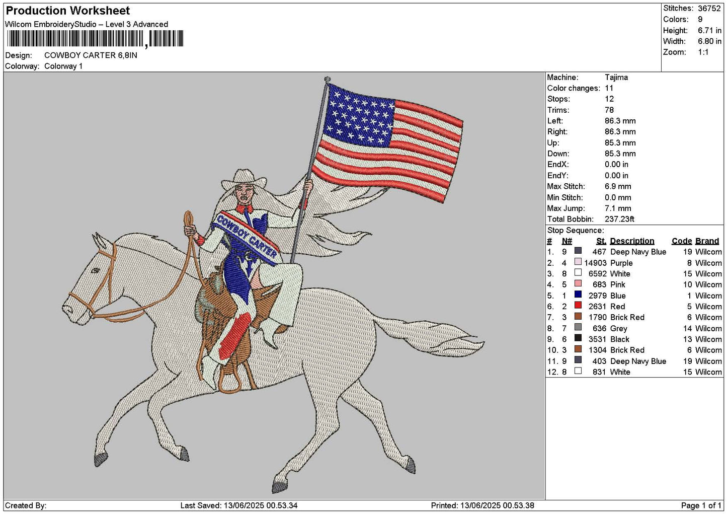 Cowboy 1306 Embroidery File 6 sizes