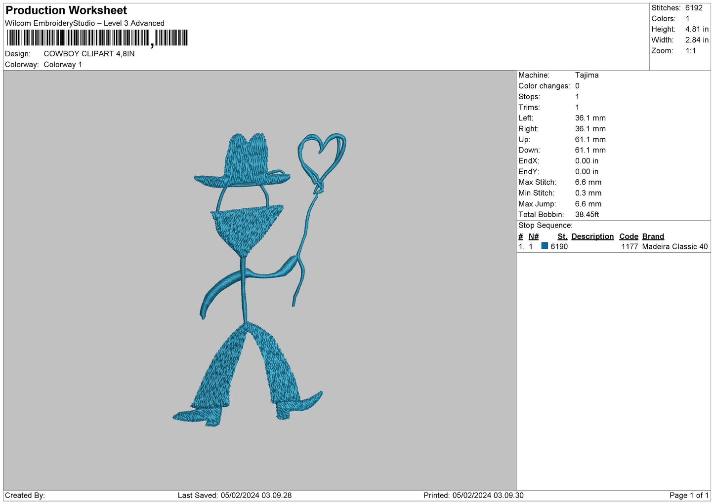 Cowboy0402 Embroidery File 6 sizes