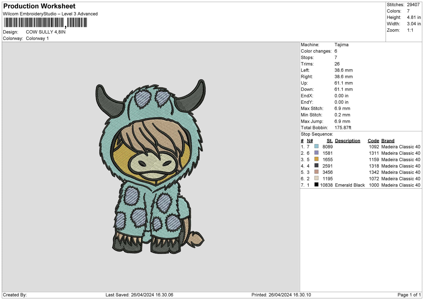 Cow2604 Embroidery File 6 sizes