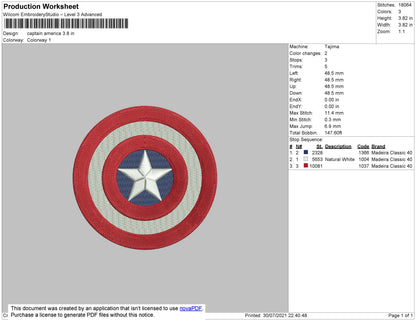 Captain America Embroidery Design File 4 size