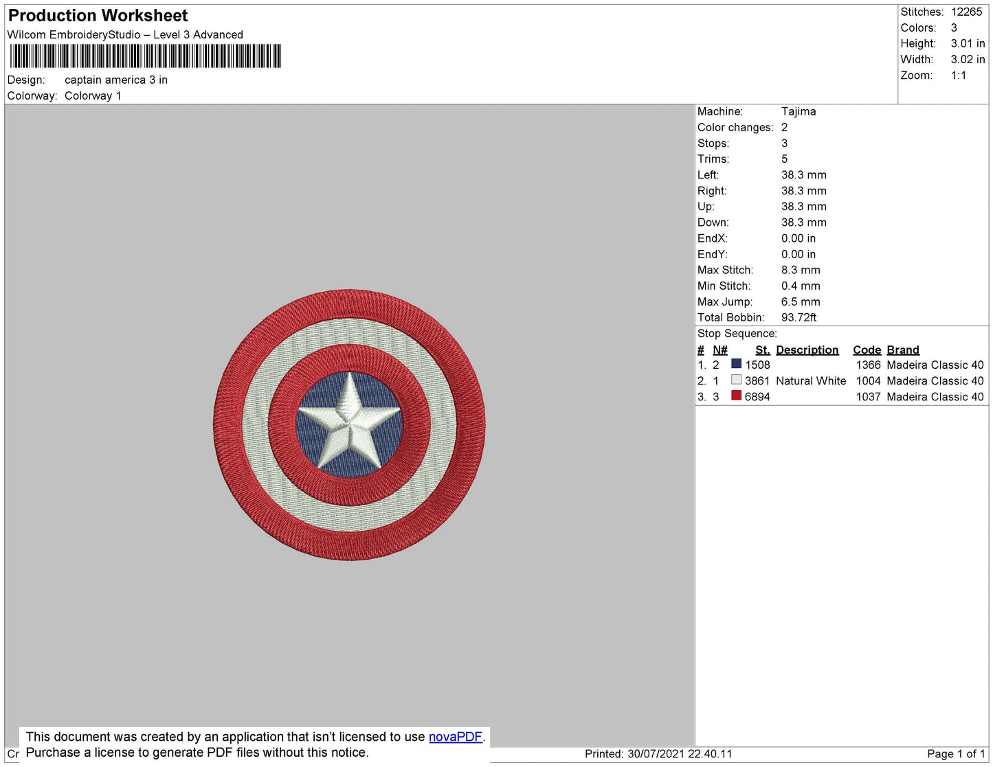 Captain America Embroidery Design File 4 size