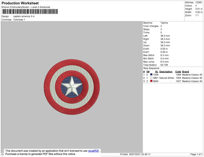 Captain America Embroidery Design File 4 size