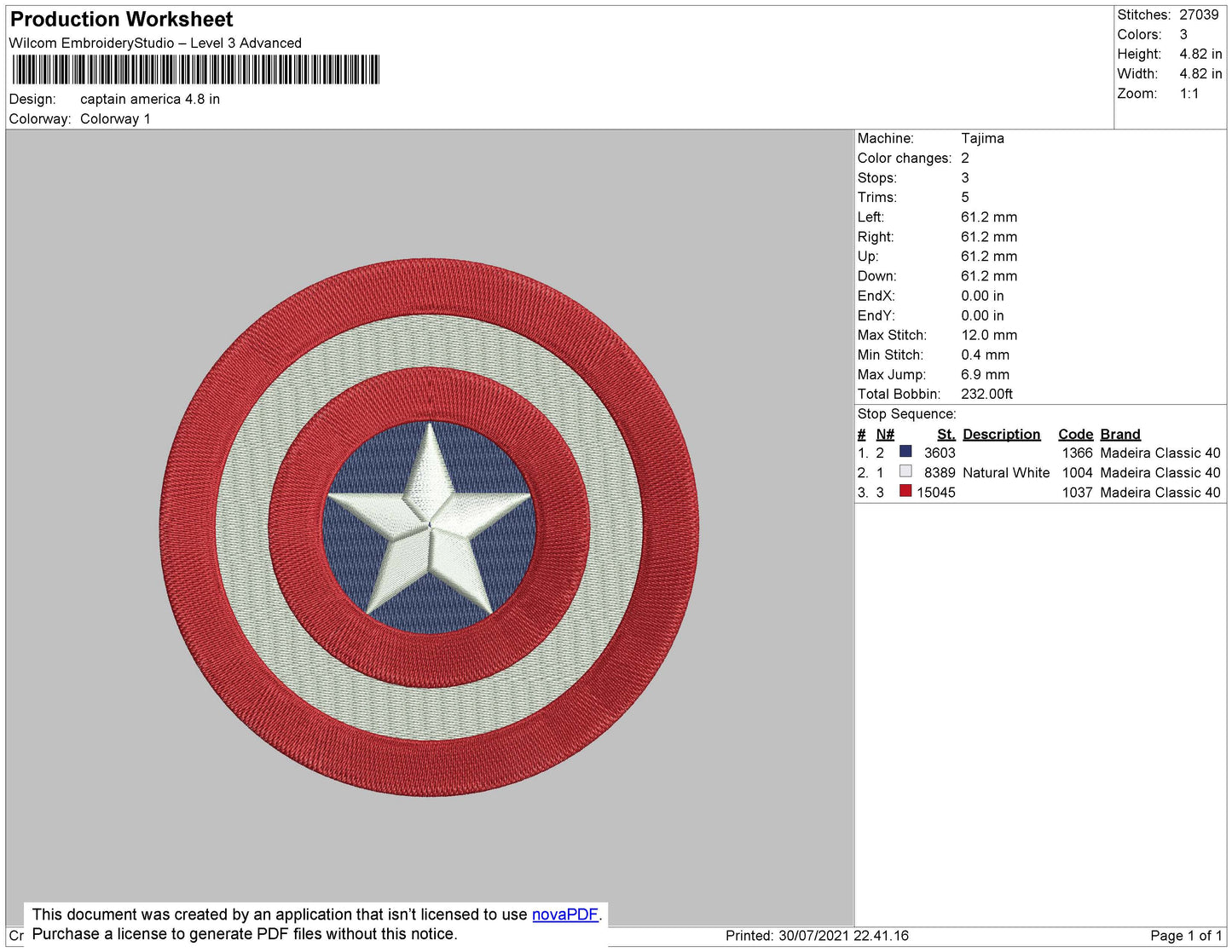 Captain America Embroidery Design File 4 size