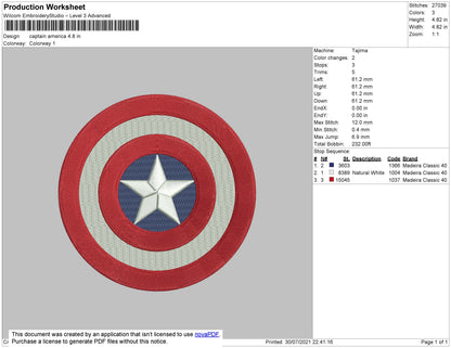 Captain America Embroidery Design File 4 size