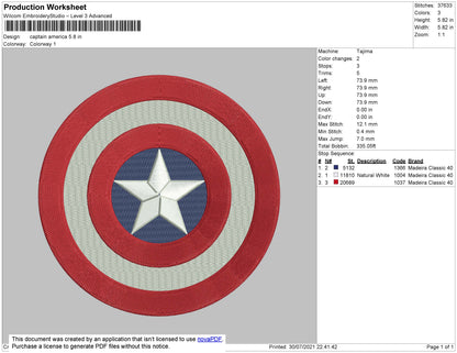 Captain America Embroidery Design File 4 size
