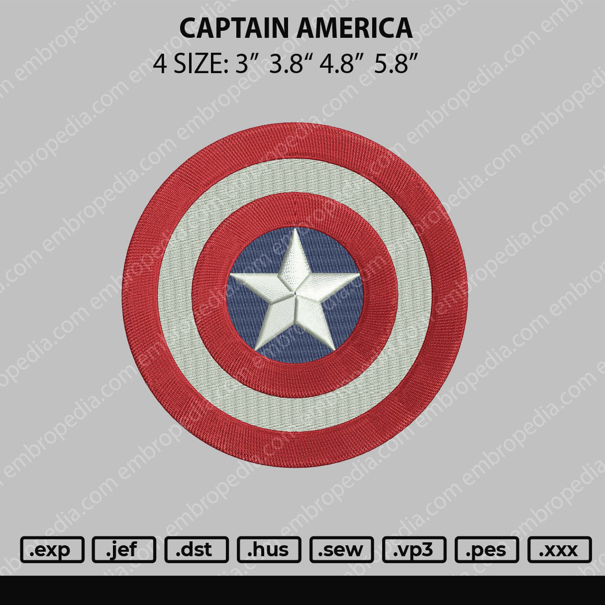 Captain America Embroidery Design File 4 size