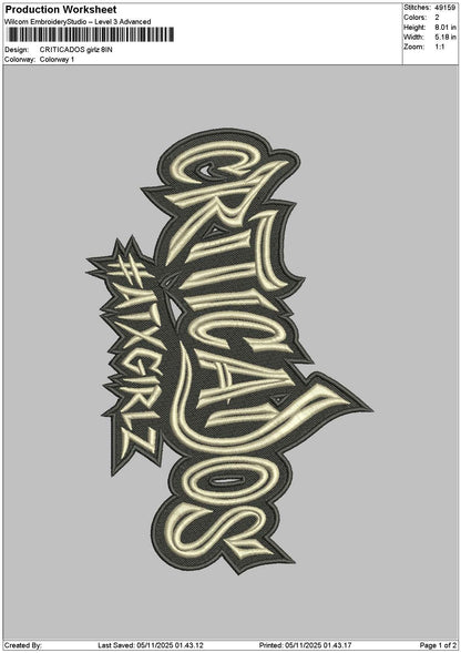 Criticadostext V2 Embroidery File 6 sizes