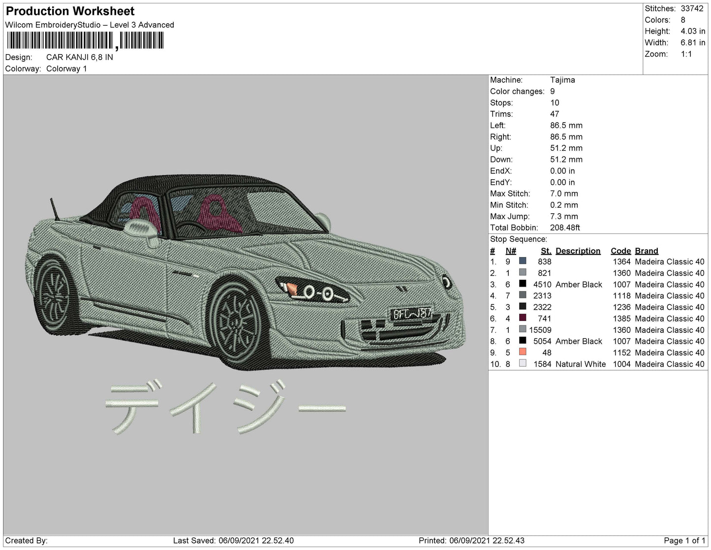 Car Kanji Embroidery File 4 size