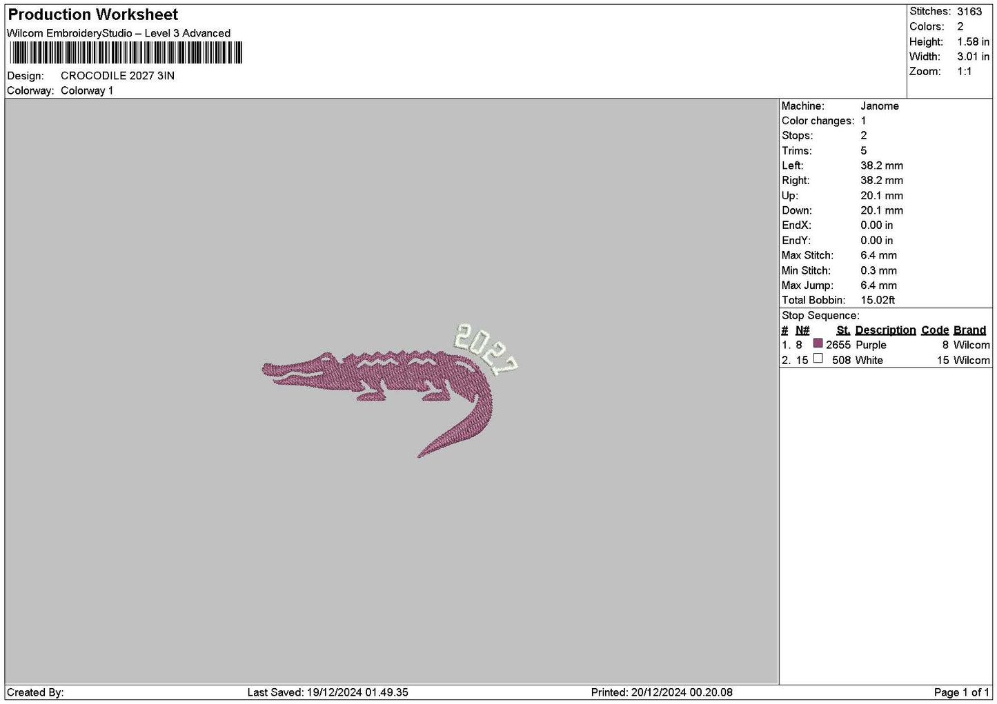 Crocodile 01 Embroidery File 6 sizes